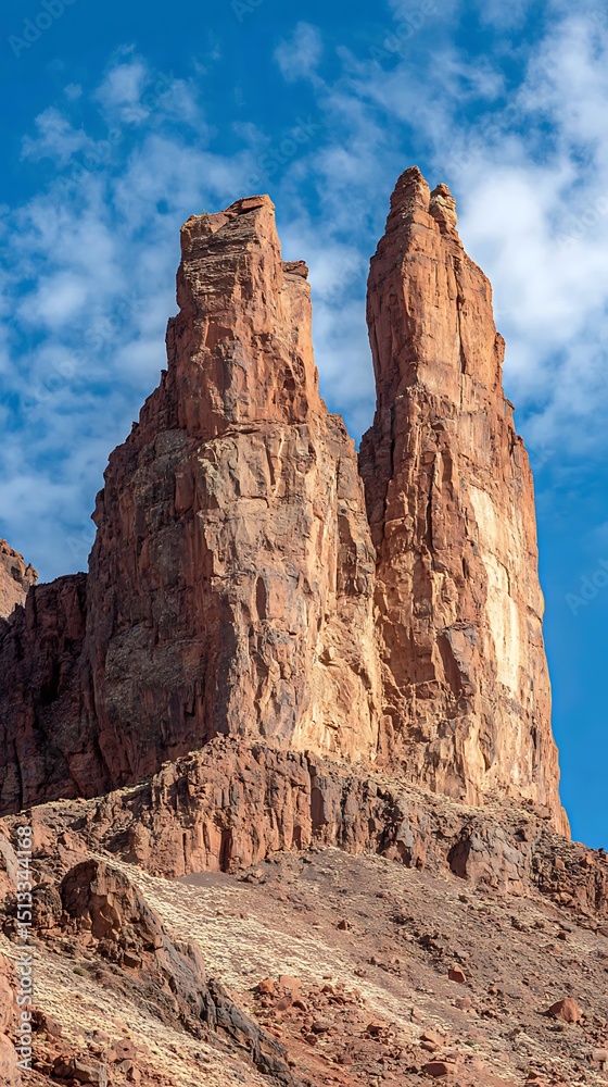 Fototapeta premium Majestic Twin Sandstone Towers Under a Vivid Blue Sky.