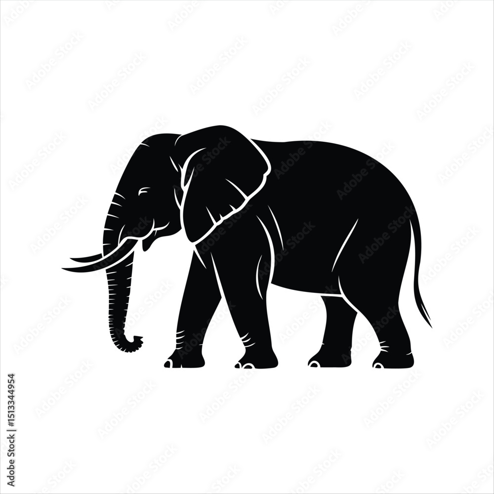 Fototapeta premium Black Silhouette of African Elephant Walking Side View Isolated on White Background