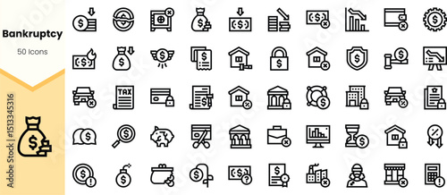A collection of stylish black icons related to bankruptcy, depicting financial concepts, documents, and money management.