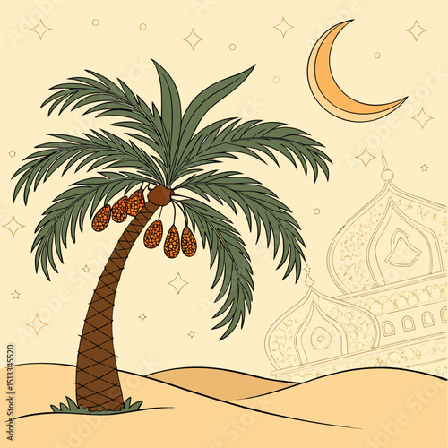 Palm Tree and Crescent in Arabian Desert