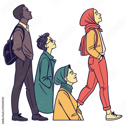 A group of people walking confidently in different directions, representing urban diversity and a fast-paced daily routine