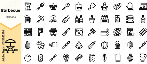 A collection of barbecue icons featuring grilling equipment, food items, and condiments, perfect for summer cookouts and culinary designs.