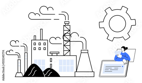 Factory buildings with chimneys emitting smoke, a large gear symbol, and a worker interacting with a digital tablet. Ideal for automation, industry, technology, data management, labor, process