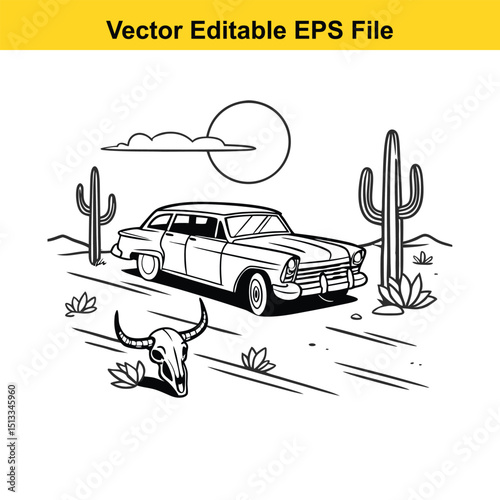 Vintage Western Car with Cacti & Bull Skull - Desert Sunset Retro Illustration
