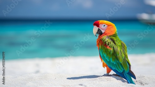 Fototapeta Naklejka Na Ścianę i Meble -  Vibrant tropical parrot standing on white sand beach in the maldives with bright colorful feathers under sunny blue sky, exotic island wildlife and nature concept