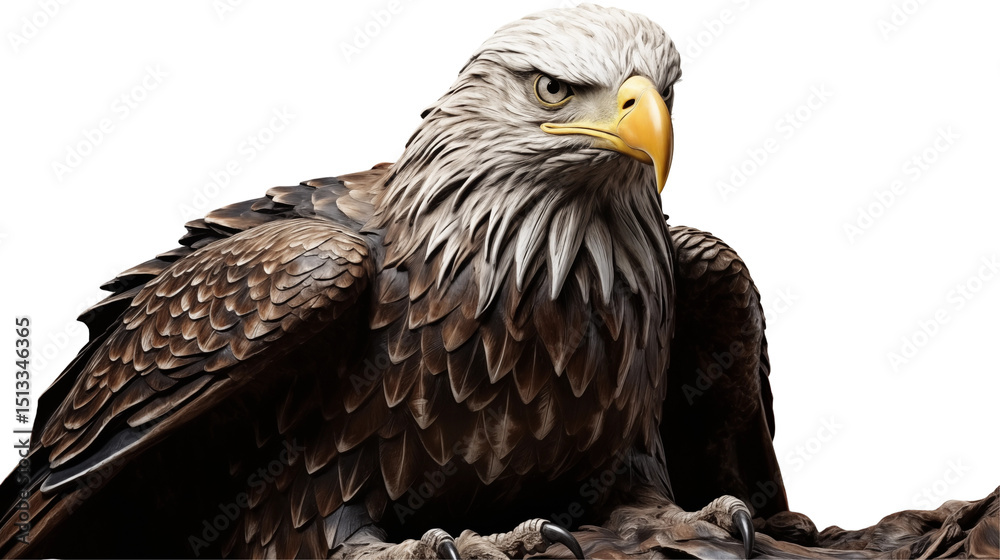 Obraz premium Bald eagle statue, majestic wood carving, patriotism symbol, USA national emblem, detailed textured art, isolated on transparent background.