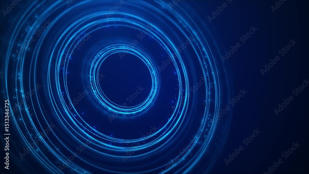 Abstract technology background rotating blue glowing circles dashed lines and flashing amber blue data lights. Line Grid based HUD graphics with Radar type pulsing circular arrays and particle motion