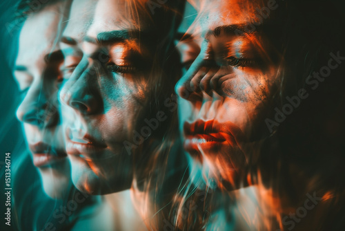 A multiple exposure portrait of a woman features vibrant red and blue hues with blurred features. The artistic technique enhances the depth and evokes a sense of introspection. photo