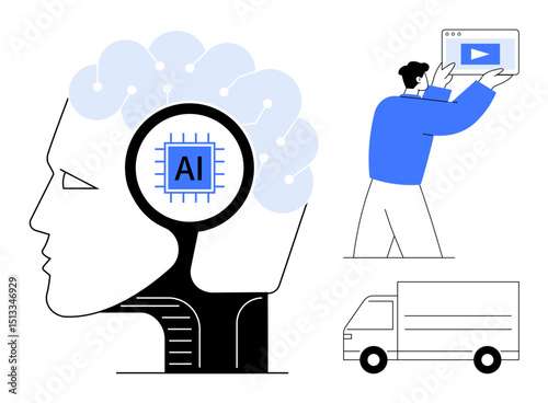 Human head silhouette with AI chip, individual interacting with a digital interface, and delivery truck outline. Ideal for AI, technology, innovation, logistics, digital transformation, automation
