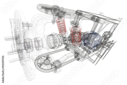 The image is a close-up of a car engine with red and blue springs. The springs are positioned in various parts of the engine, providing support and flexibility. The drawing is of a car engine