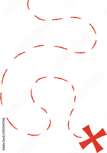 Treasure map element. A dashed line and red X mark ink on the map, the treasure map with a dotted line, X marks the spot, dashed line to an X, red ink