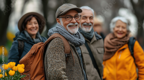 Group of elderly friends from different cultures walking in a park, authentic smiles, springtime
