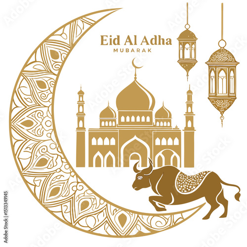 Eid al Adha Mubarak vector design featuring crescent moon, mosque, sheep, stars, lanterns, and calligraphy perfect for greeting cards and posters.