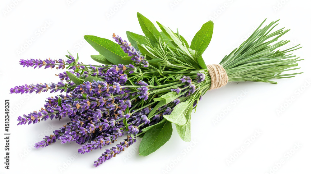 Obraz premium Lavender bouquet with green leaves, showcasing vibrant purple flowers and fresh herbs, perfect for decoration or aromatherapy