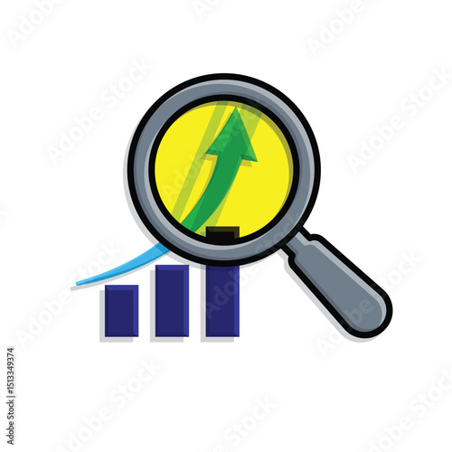 Technology icons. Predictive Analytics. Upward graph with magnifying glass. Depicts automation, future, artificial intelligence. Isometric design style