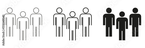 Three People Group Line And Solid Icon Set. Teamwork, Collaboration, And Community Outline And Silhouette Symbol Collection. Social Interaction And Networking. Isolated Vector Illustration