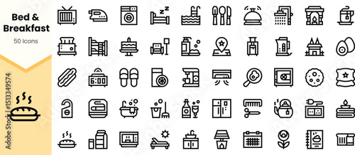 A collection of monochrome icons representing bed and breakfast themes, including amenities, dining, and leisure activities.
