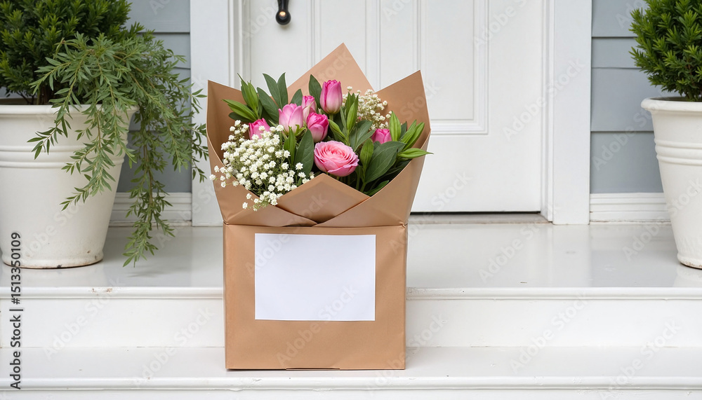 Fototapeta premium Delivered birthday bouquet of pink tulips at front door entrance 