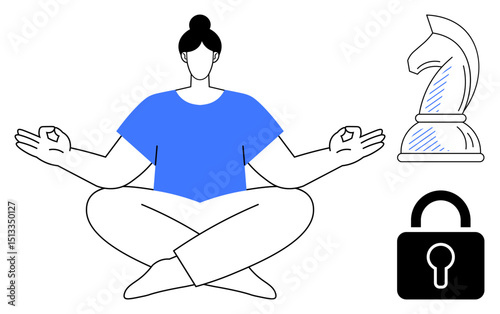 Calm individual meditating in lotus pose, chess knight symbolizing strategy, and padlock signifying security. Ideal for mindfulness, strategy, protection, balance, focus self-care calm. Flat simple
