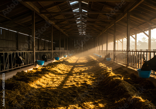 Farm barn cows hay sunlight interior photo