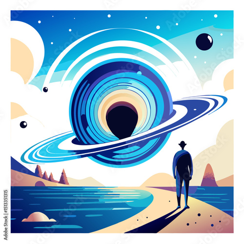Cosmic swirl abstract art with man contemplating universe.  Mysterious black hole swirl dominates scene.  Space exploration concept for science fiction, astronomy publications, and cosmic art.