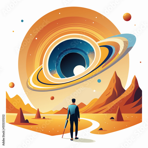 Cosmic swirl artwork featuring man on desert path gazing at swirling galaxy. Abstract cosmic swirl illustration with planetary rings and desert landscape.