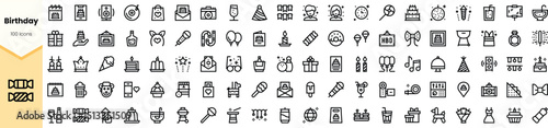 A collection of icons themed around birthdays, featuring cakes, gifts, party hats, and festive elements in a minimalistic black line style.