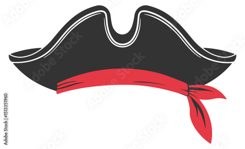 Black pirate hat with a red bandana, isolated on transparent background. Classic pirate headwear