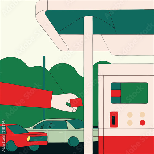 Gas station payment, illustration in flat style, red and green colors, for website design