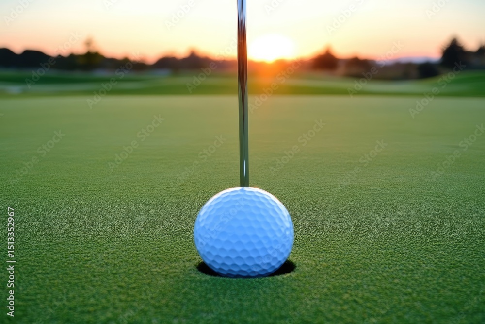 Obraz premium Golf ball nestled in a hole on a golf course at sunset