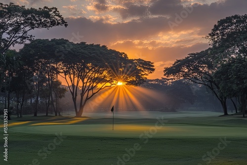 Golden sunrise over a golf course, sunbeams piercing through trees. Lush green fairways and a flagpole on the putting green