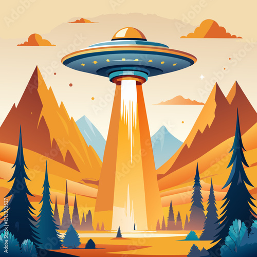 UFO abduction illustration, in warm colors, for science fiction designs