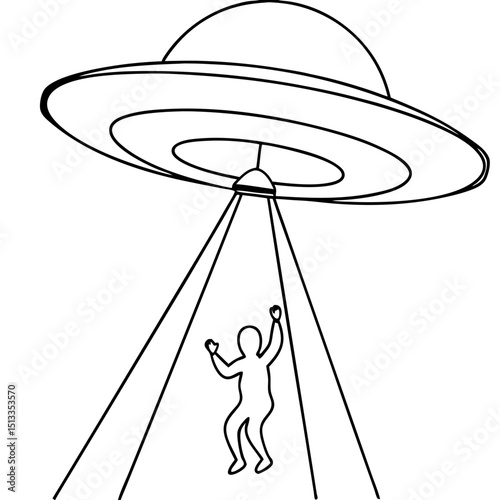 Alien abduction illustration, line art style, black and white, for websites