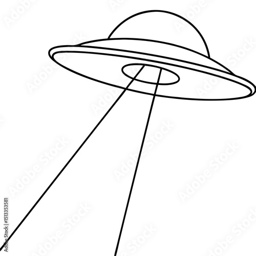 UFO beaming up, line art illustration, black and white, for science fiction designs