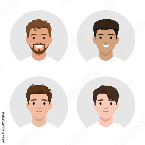 Diverse Male Avatars Collection. Flat vector illustration isolated on white background