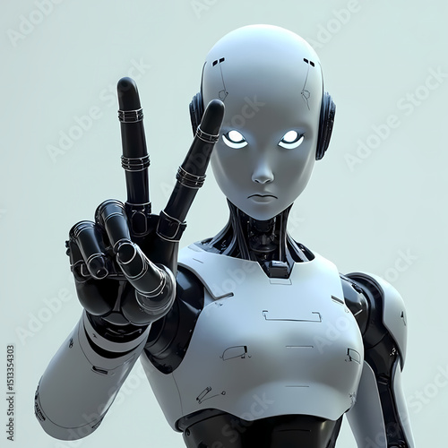 Wallpaper Mural Futuristic humanoid robot showing peace sign with glowing eyes, sci-fi AI concept Torontodigital.ca
