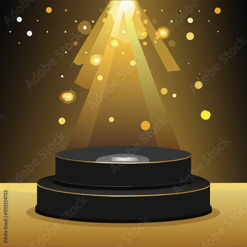 Elegant black podium with golden spotlight and bokeh background illustration