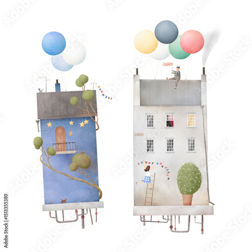 Wallpaper Mural Old town. Flying houses, townspeople, trees, balloons. Watercolor illustration. Cute landscape for a child's room. Wall art. Torontodigital.ca