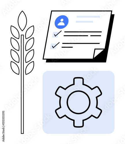 Wheat stalk, checklist document with user profile and checkmarks, gear icon. Ideal for productivity, agriculture, management, process automation, planning, rural development simple landing page