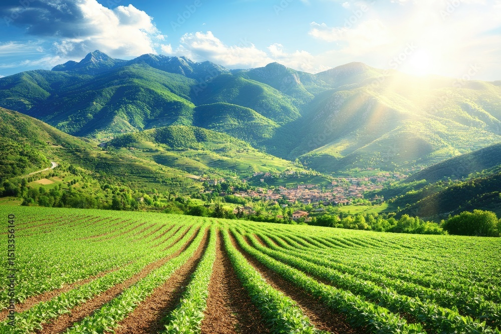 Lush green valley with rows of crops, mountains in the background under a vibrant, sunny sky