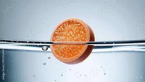 Effervescent Tablet Dissolving: A close-up shot of an orange effervescent tablet dissolving in water, creating a cascade of tiny bubbles.  The tablet's porous texture is clearly visible.
