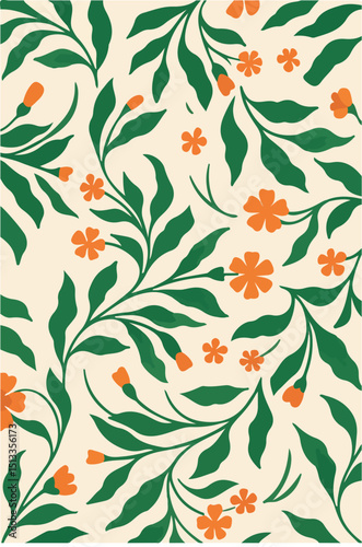 Graceful orange flowers and flowing green leaves swirl across a soft background, creating a lively, nature-inspired botanical pattern.