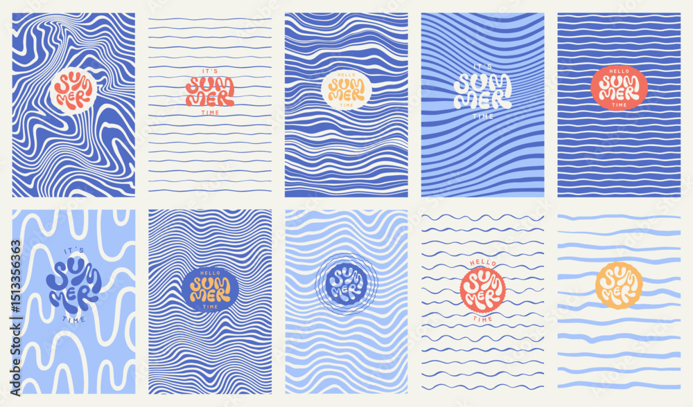 Sea ripples water waves marine summer backgrounds set. Uneven deformed hand drawn blue wavy organic doodle curved winding lines, stripes rectangle patterns. Hello it's summer time hand lettering. 