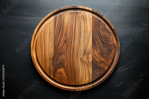 Top view of a modern round wooden cutting board with elegant grain texture on a black background. Ideal for product mockups, kitchen design, food photography, and culinary branding visuals.