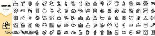 A collection of brunch-themed icons, featuring various food and drink items such as pancakes, coffee, and desserts in a minimalist line art style.