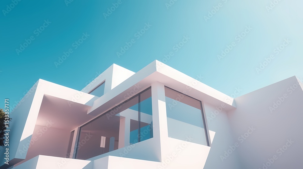 Photorealistic image: Simplified architectural form, white house with light and space emphasis. Photorealistic image: Simplified architectural form, white house with light and space emphasis.