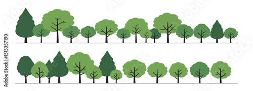Flat vector of stylized deciduous tree line drawings, minimal side-view CAD style, architectural forest symbols for landscaping plan