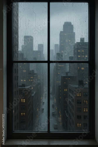 View of urban City through window at raining 
