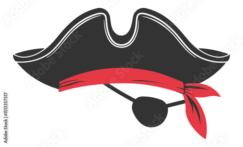 Black pirate hat with red bandana and eye patch, isolated on transparent background. Classic pirate accessories