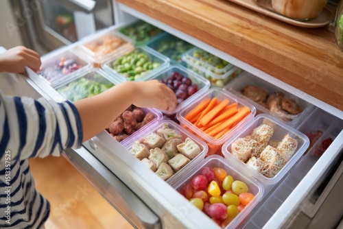 Child Explores Colorful Meal Boxes in Open Freezer Drawer While Kitchen Area Remains Tidy During Daytime Activity photo